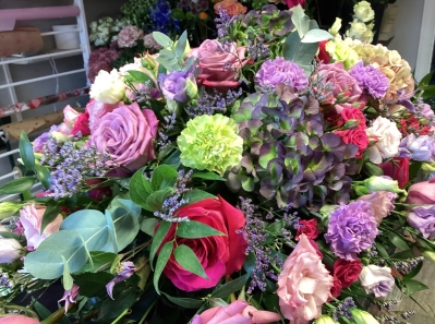Purple Hdrangea and Cerise Rose Casket Spray
