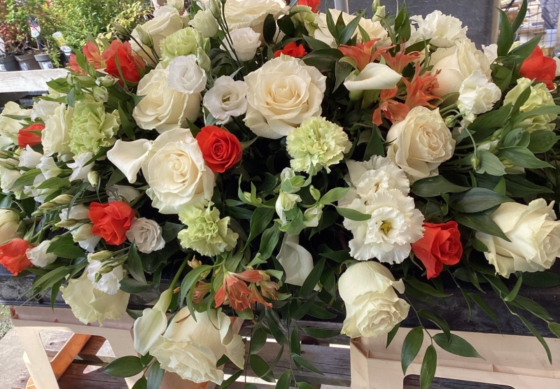 White and Orange Rose Casket Spray