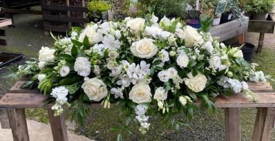 White Rose and Stocks Casket Spray