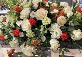 White and Orange Rose Casket Spray